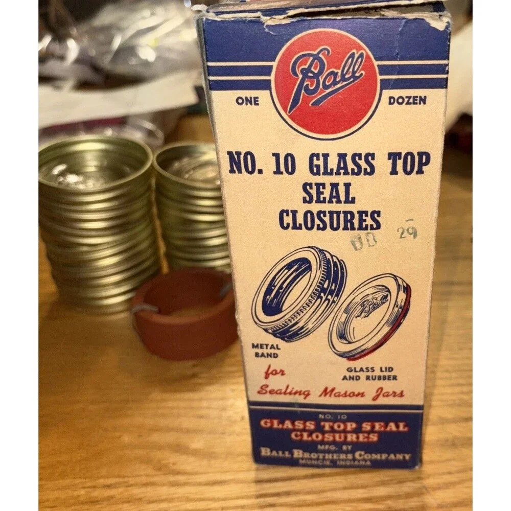 Vintage New Ball No. 10 Glass Top Seal Closures Lids Bands Box 1940s Craft Decor
